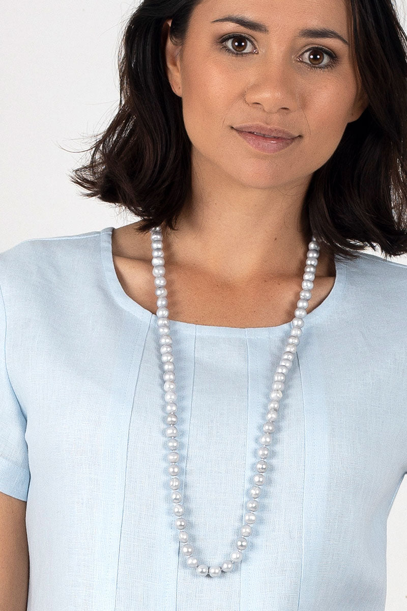 Blue Silver Pearl Long Necklace PRL-50
